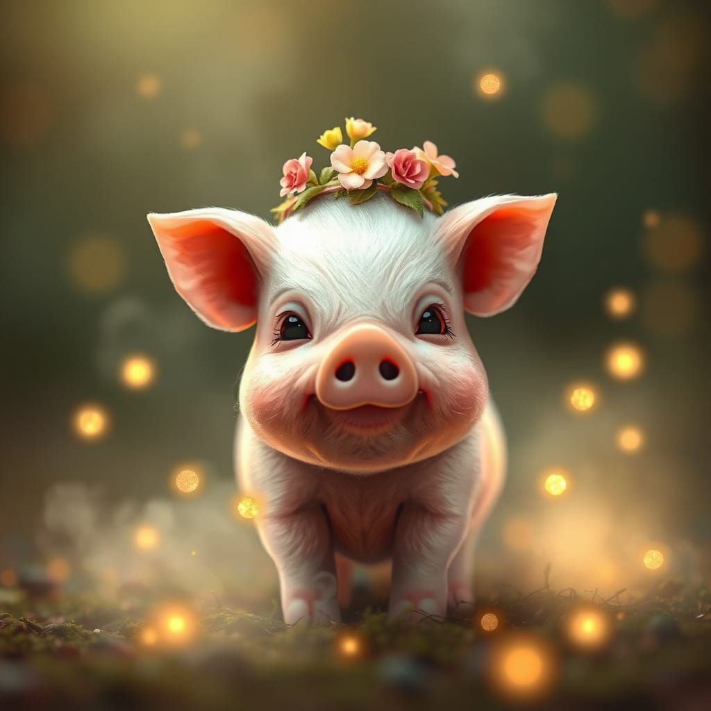 Piglet with Flower Crown in Dreamy Light