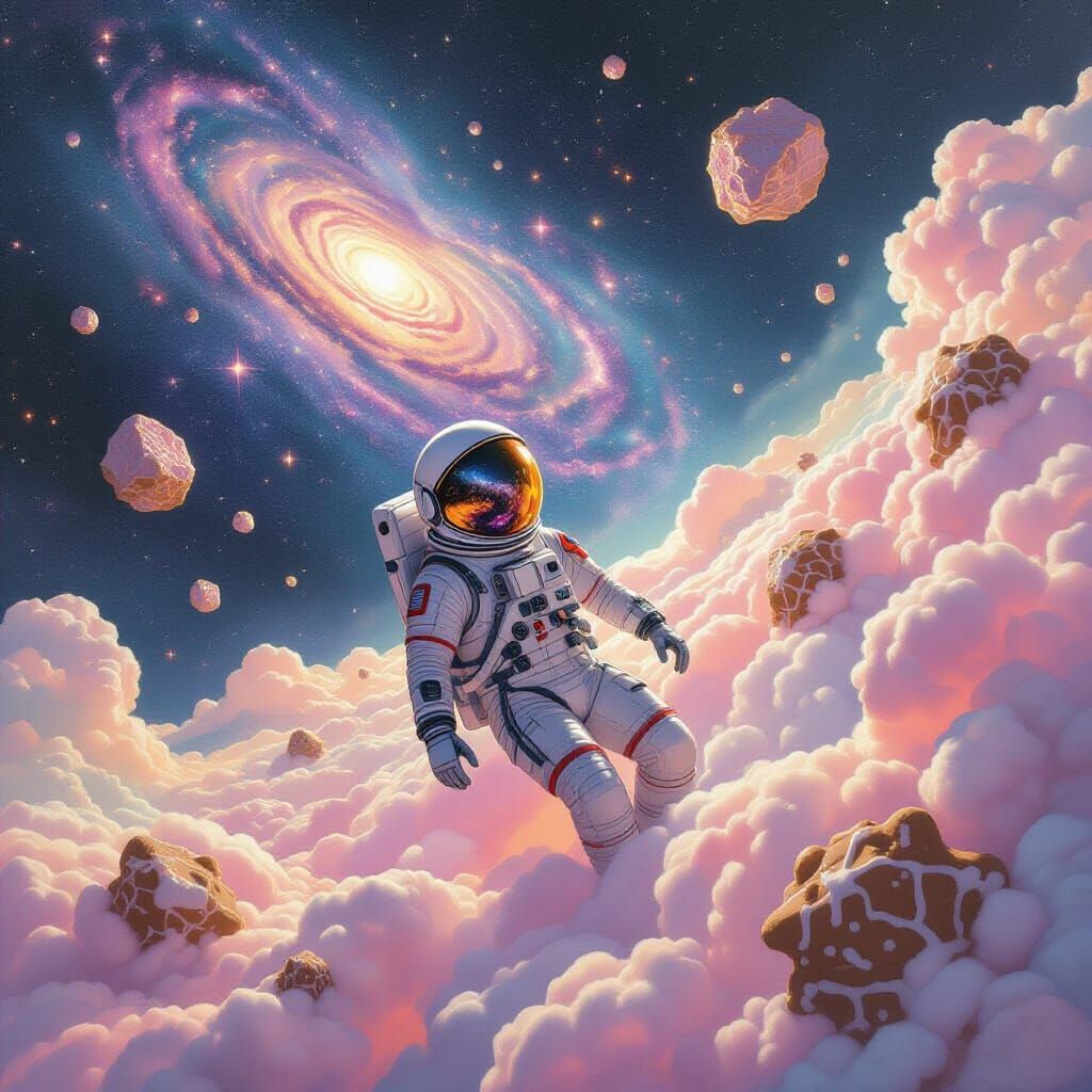 Astronaut Adrift in Cotton Candy Nebula & Rock Candy Asteroi...