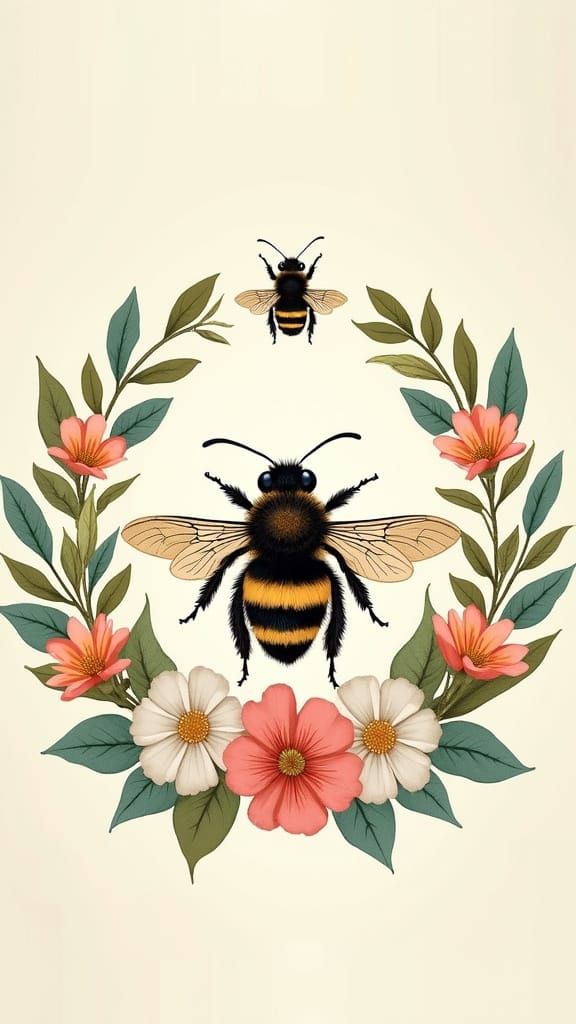 Digitally Rendered Bee in Whimsical Wreath of Flowers and Le...
