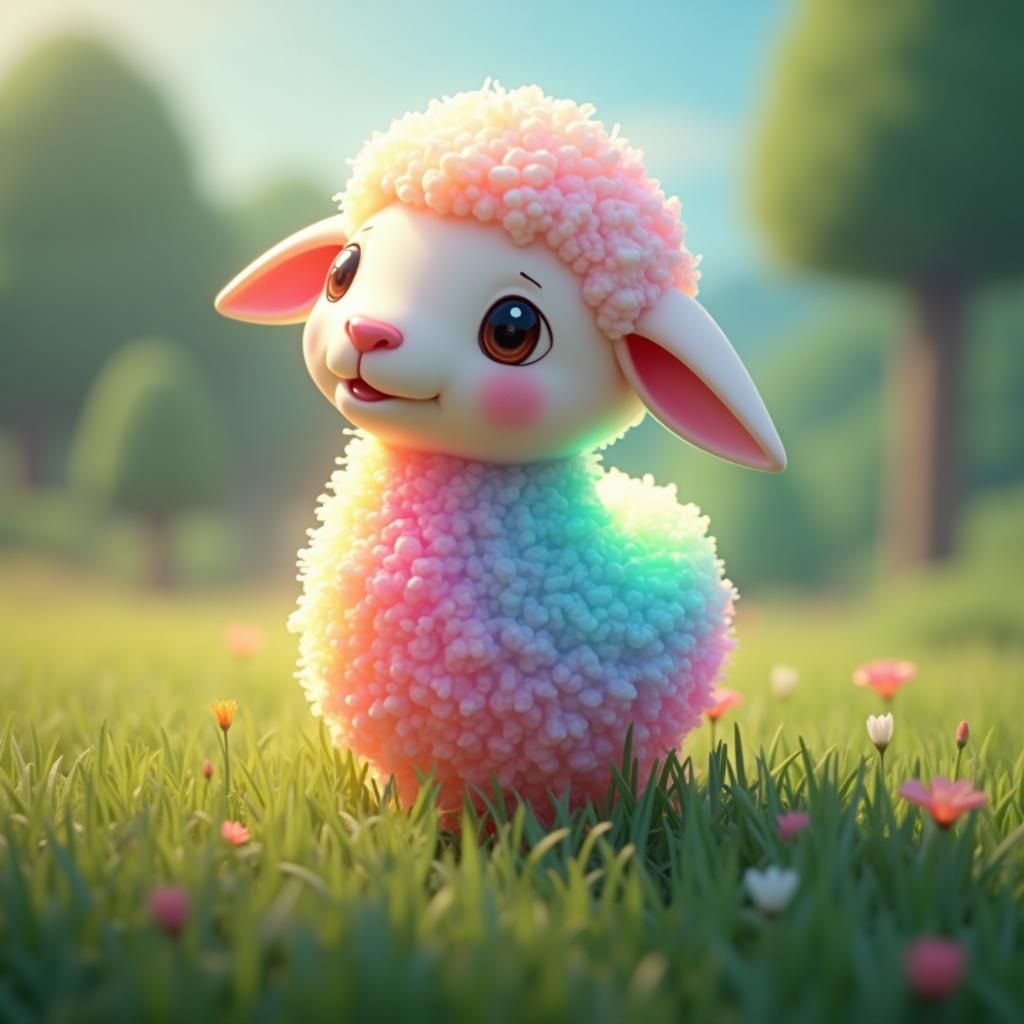 Rainbow Jelly Sheep in Lush Meadow, 3D Anime Art
