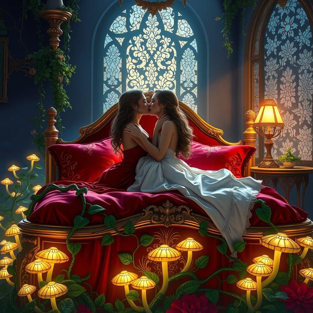 Sensual Fantasy Kissing Couple in Vibrant Dreamscape