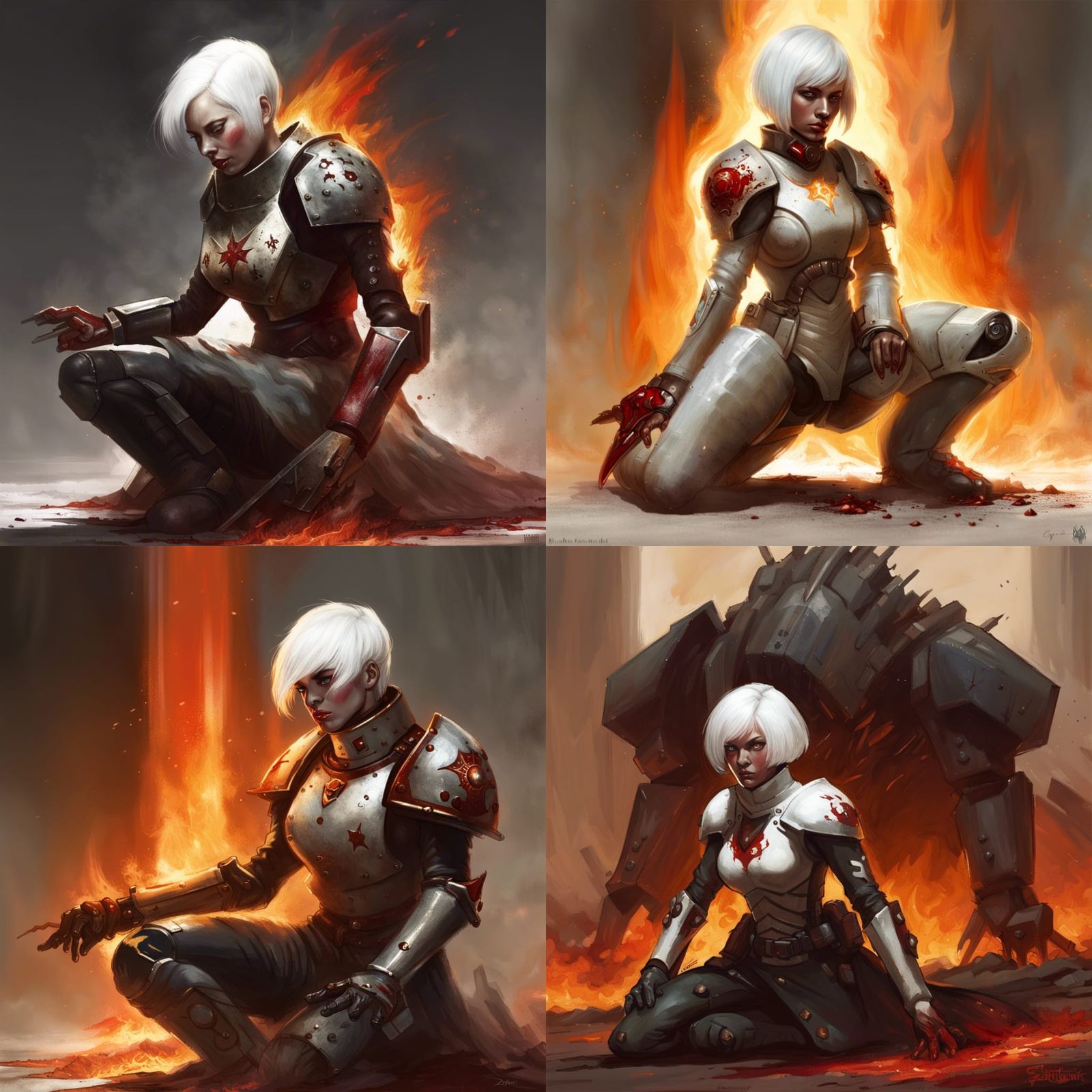 Armored Warrior Kneeling in Flames: Gothic Sci-Fi
