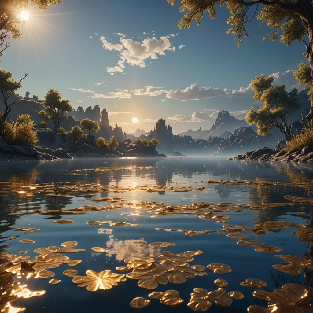 Golden Water Reflects Morning Light: Cinematic Art