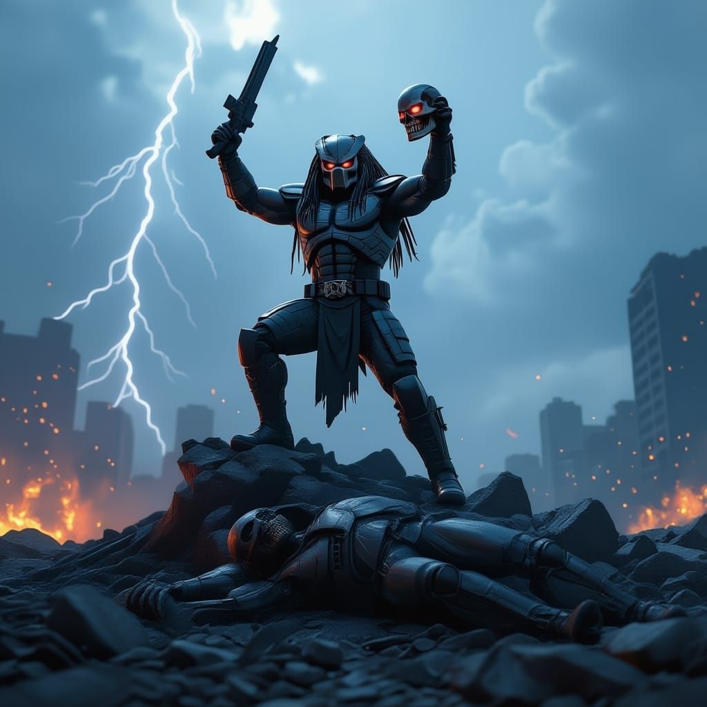 Predator Victorious Over Terminator in Post-Apocalyptic Scen...