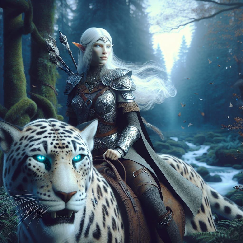 Hyper-realistic beautiful female elven Warrior riding a huge white war jaguar with glowing eyes