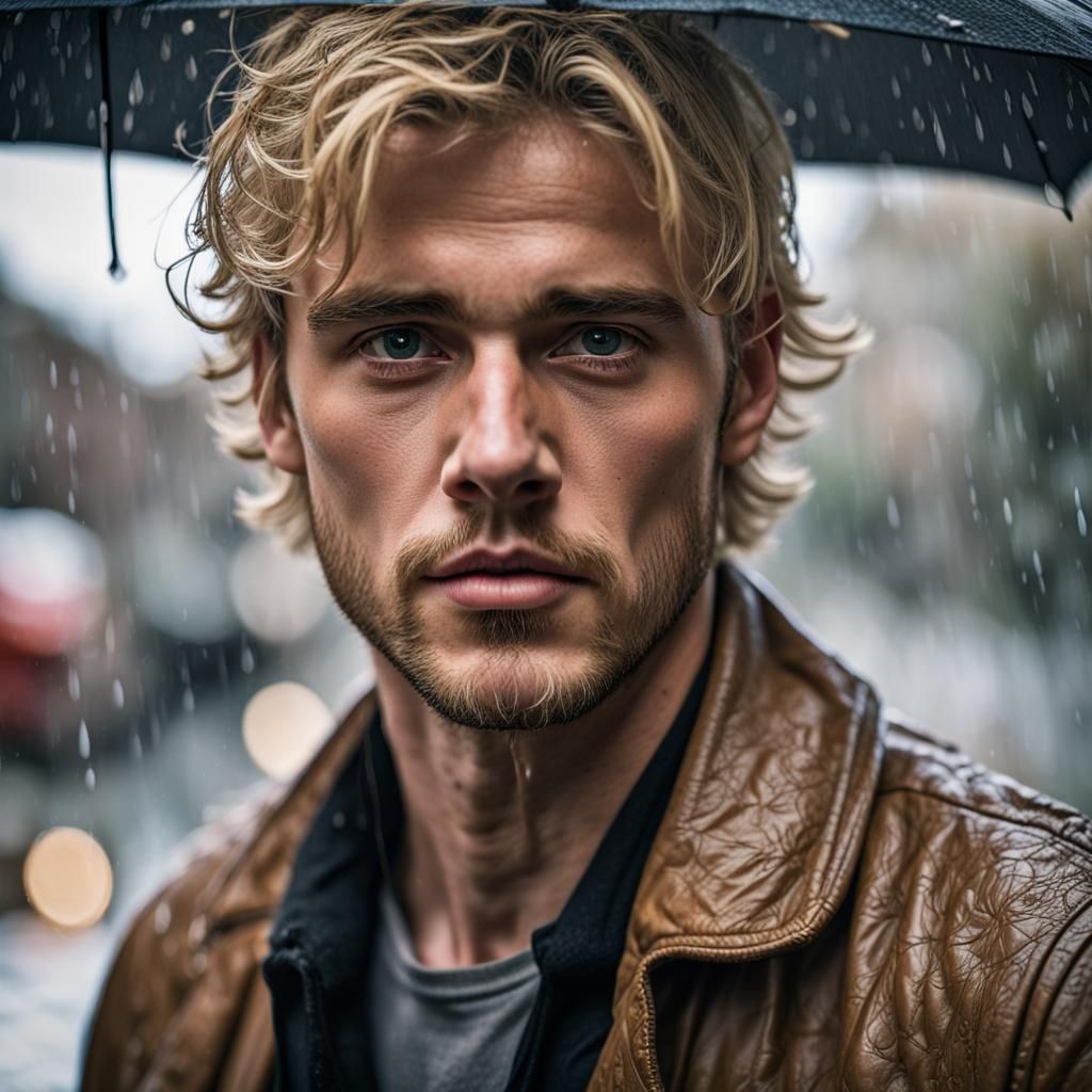 Handsome Blonde Man Walking in Rain, Hyperrealistic Image