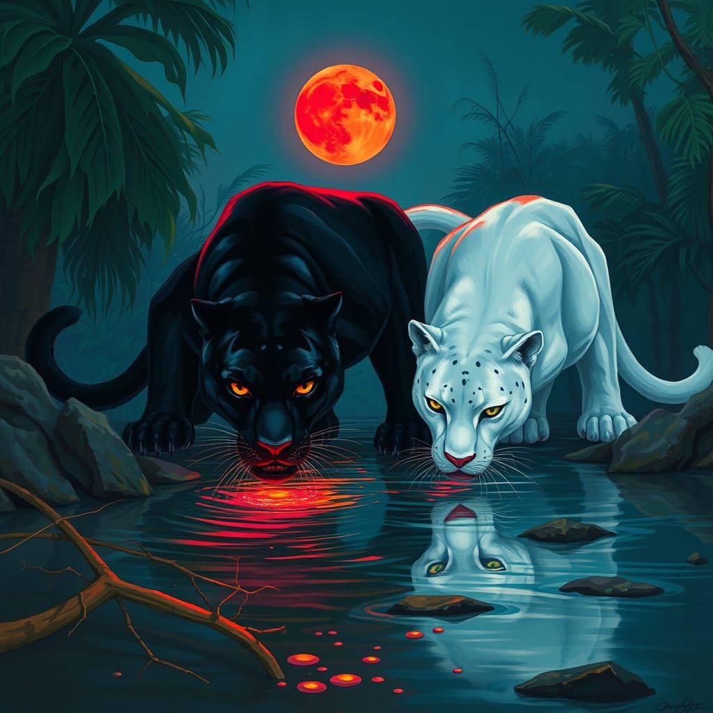 Fused Black and White Panther Under Crimson Moon