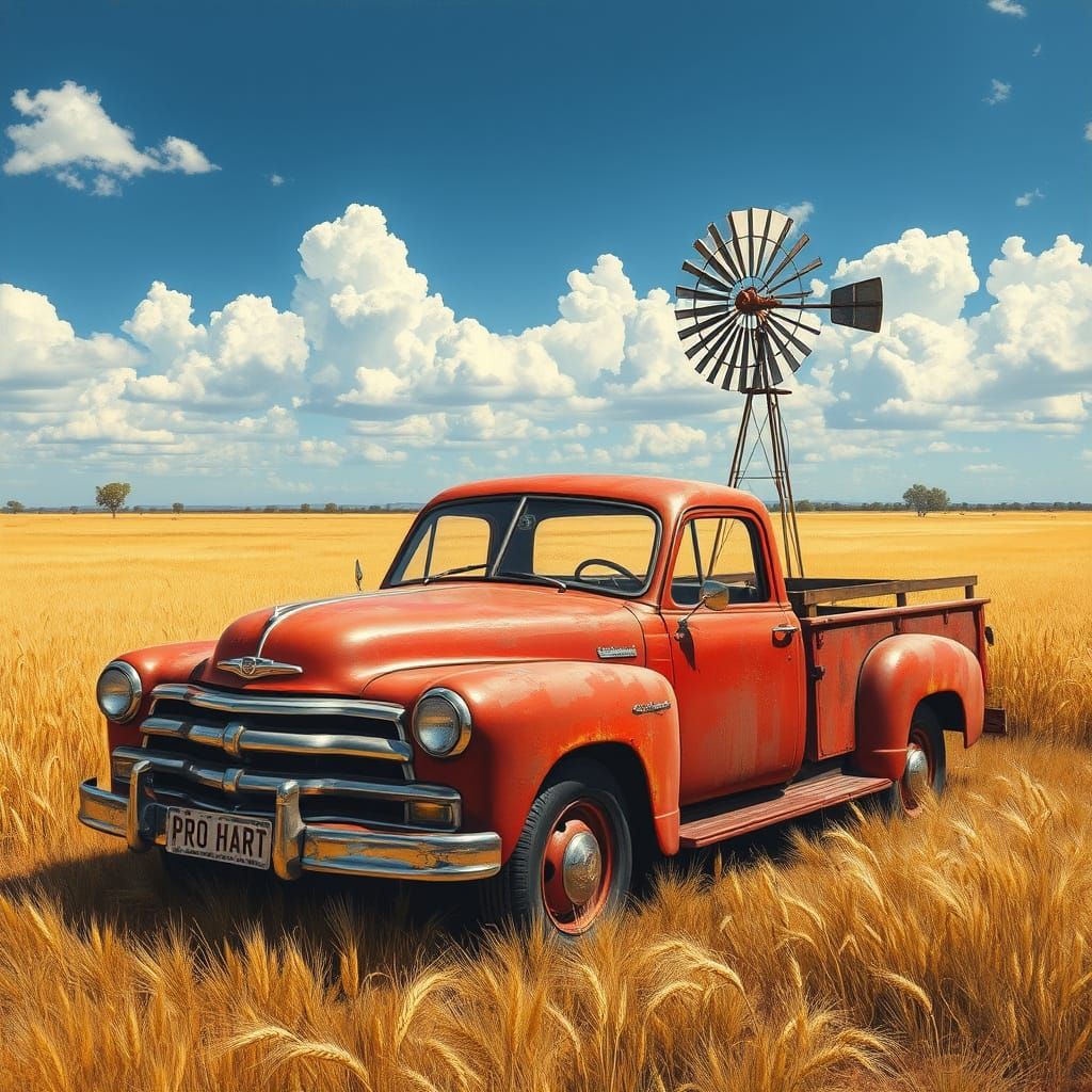 Rustic Australian Landscape with Vintage Farm ute and Windmi...