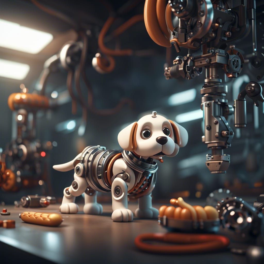 Mechanical Puppy Plays in Workshop, Sci-Fi Render