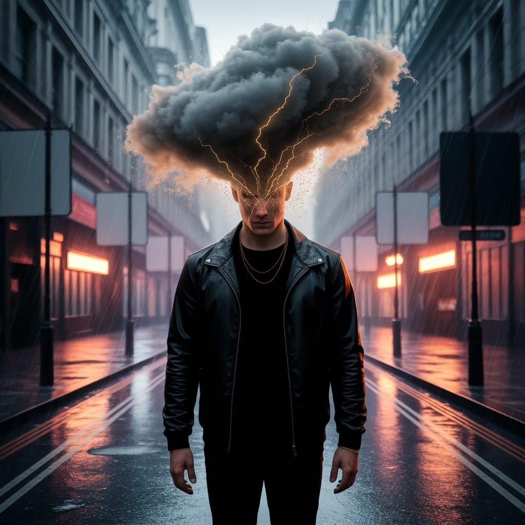 Afro-Noir London Street Scene with Storm Cloud Head