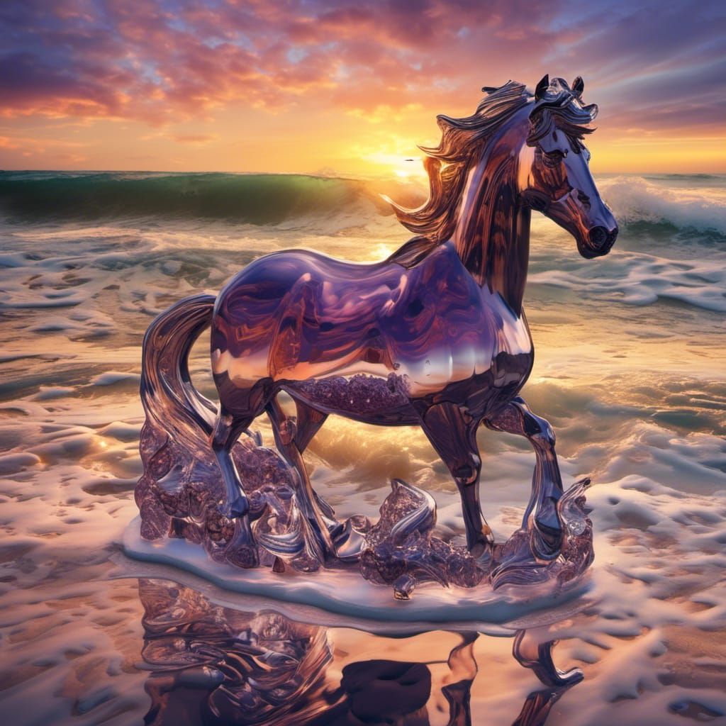 Crystal Horse with Ocean Waves at Sunset