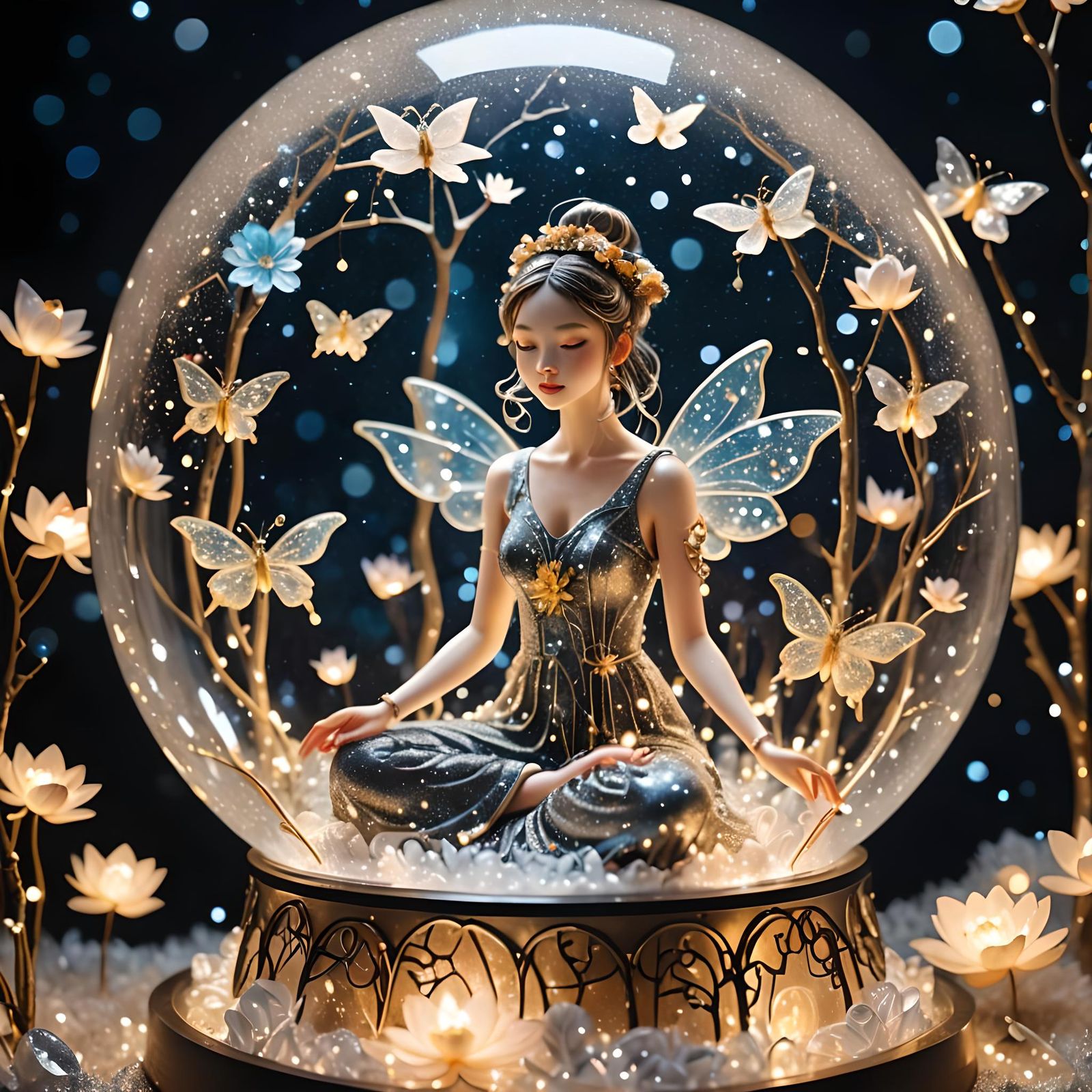 Ethereal Woman in Glittering Snow Globe, Cyberpunk Style