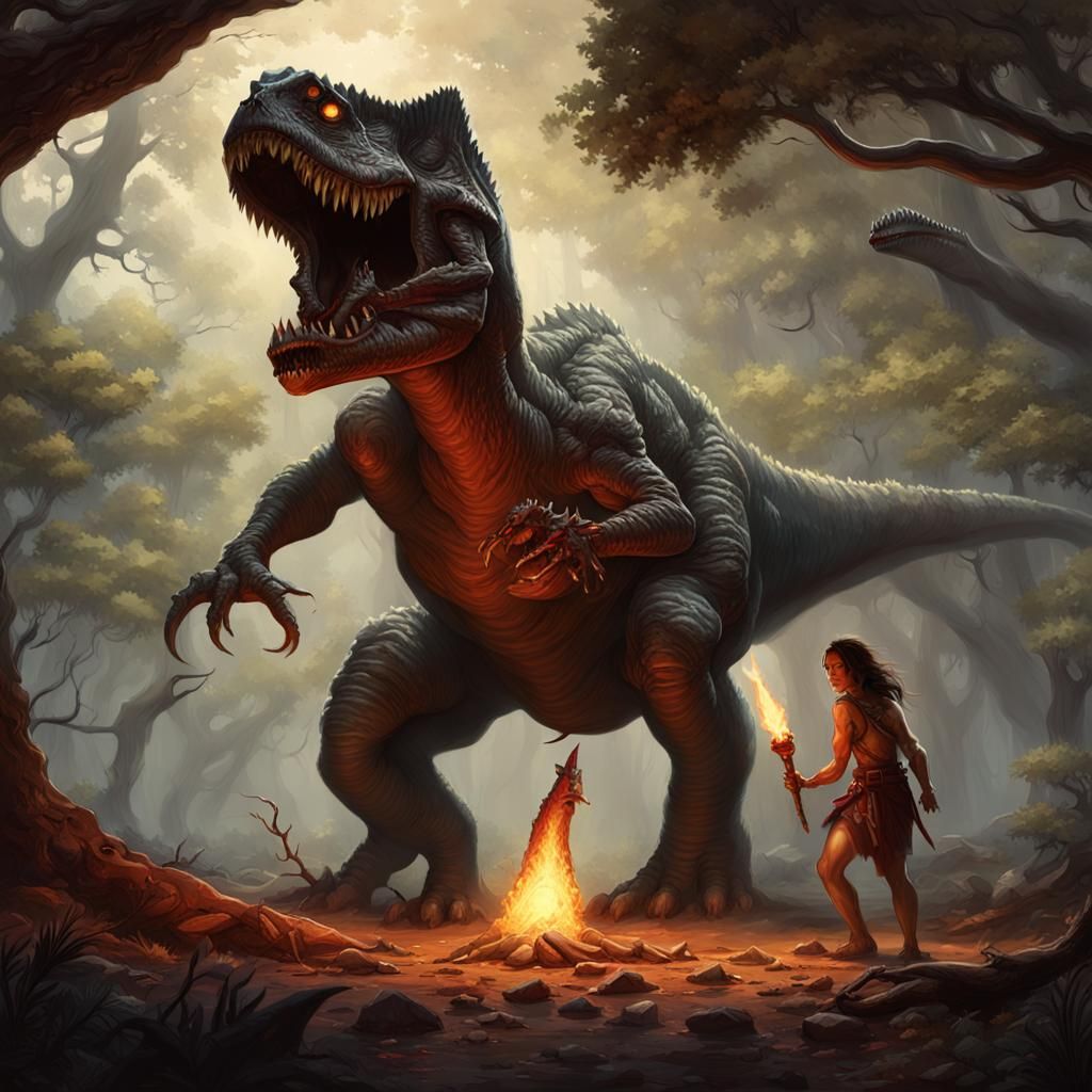 Cavewoman and T-Rex in Dark Fantasy Style