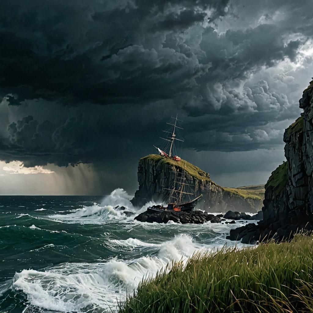 Stormy Cliffs and Ship at Sea: Cinematic Seascape