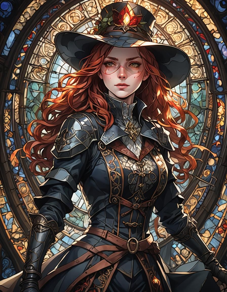 Cubist Stained Glass Artwork of Woman with Red Hair