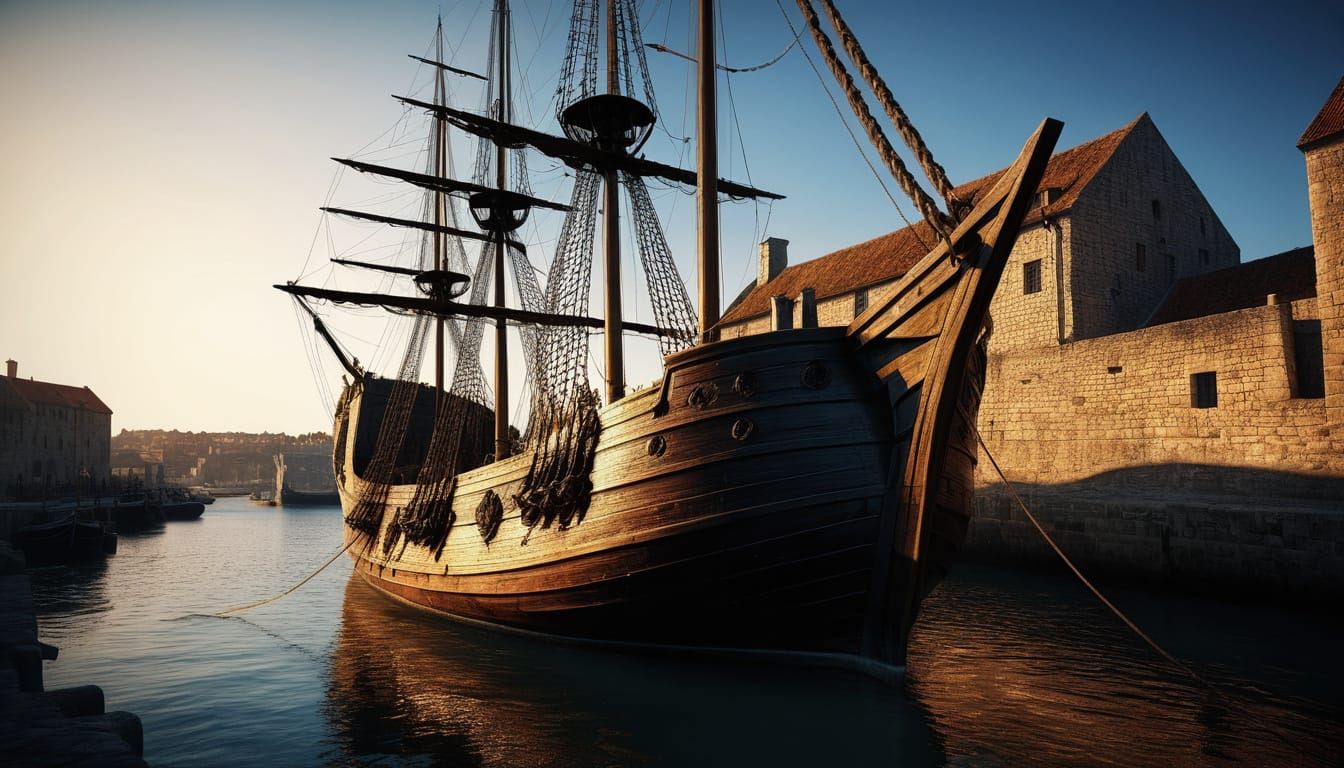 Vibrant Medieval Port Scene in Hyperrealistic Digital Art