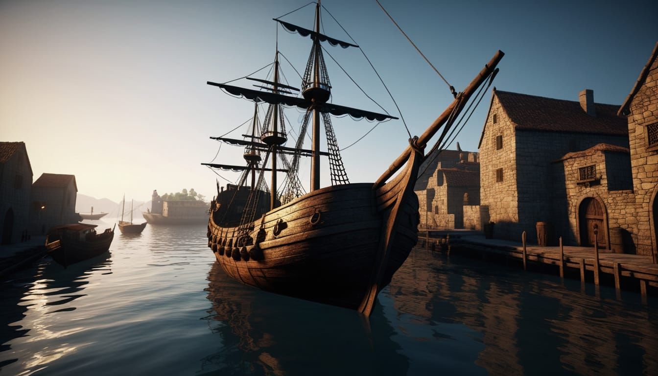 Medieval Port at Golden Hour in Hyper-Realistic Digital Art