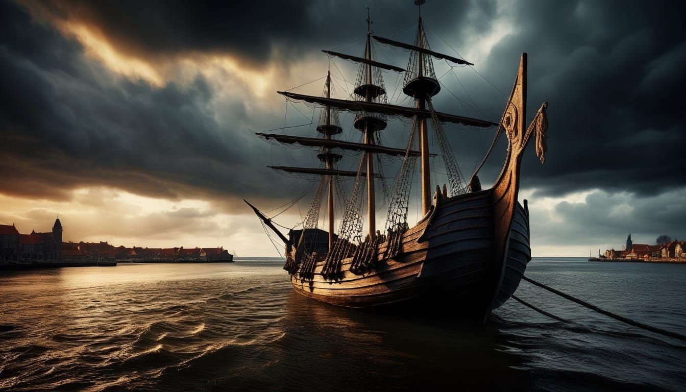 Medieval Longship Enters Port in Golden Light