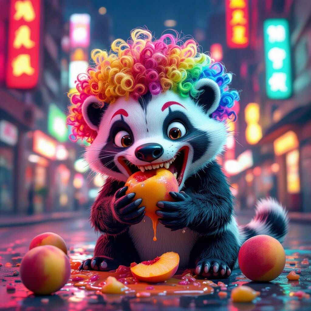 Neon Honey Badger Clown Devouring Peaches