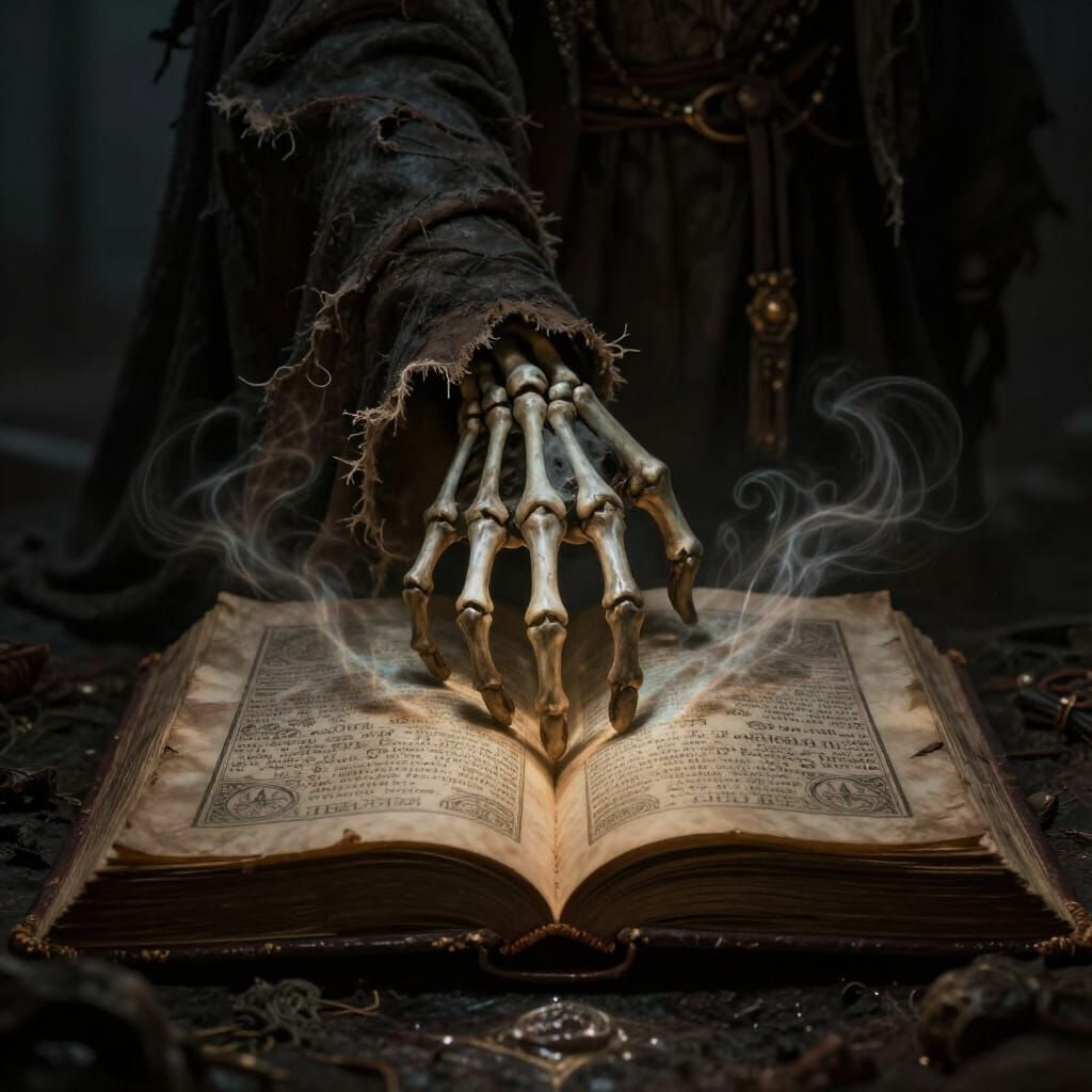 Skeletal Hand Rises From Forbidden Magic Book