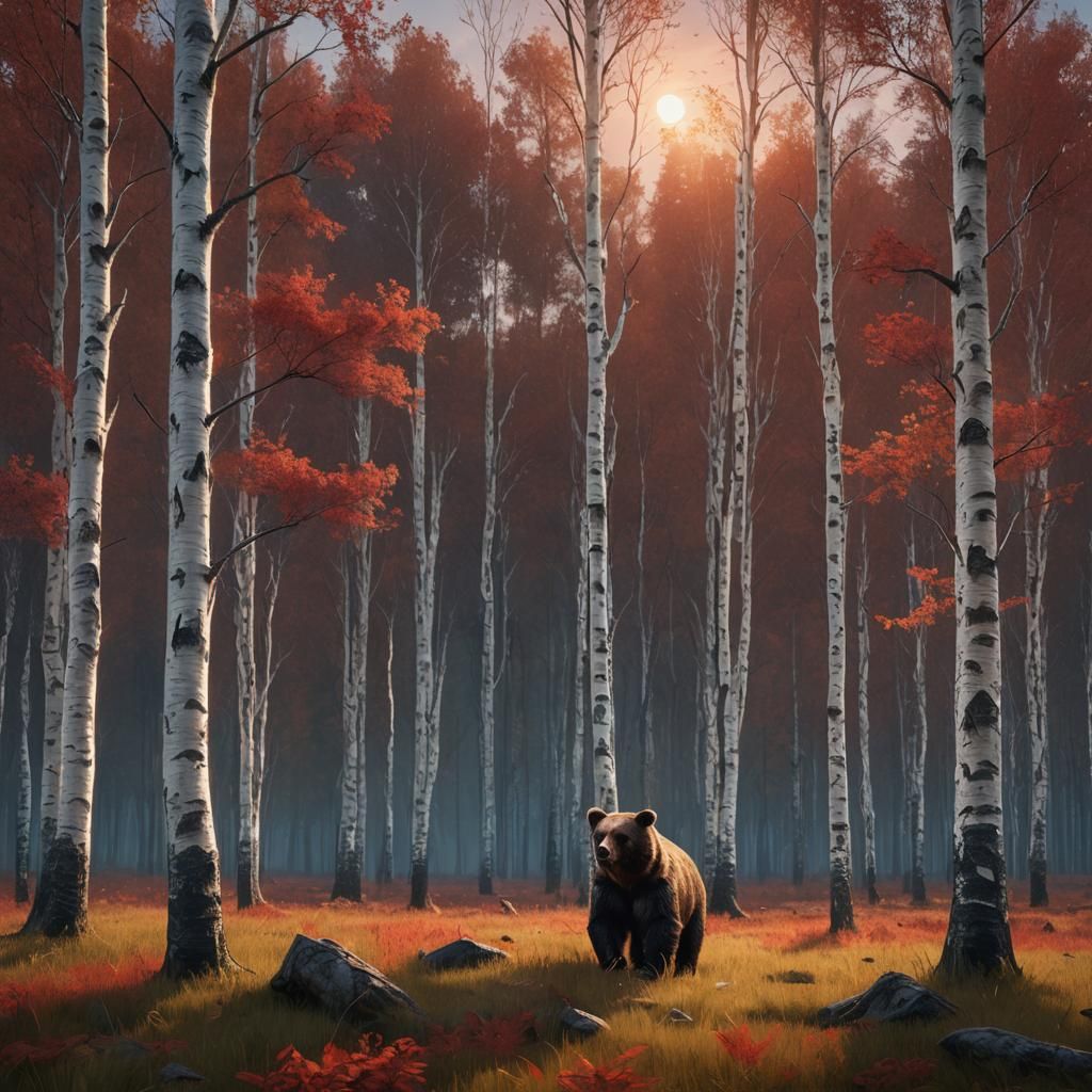 Bear in Birch Wood at Sunset: Matte Painting