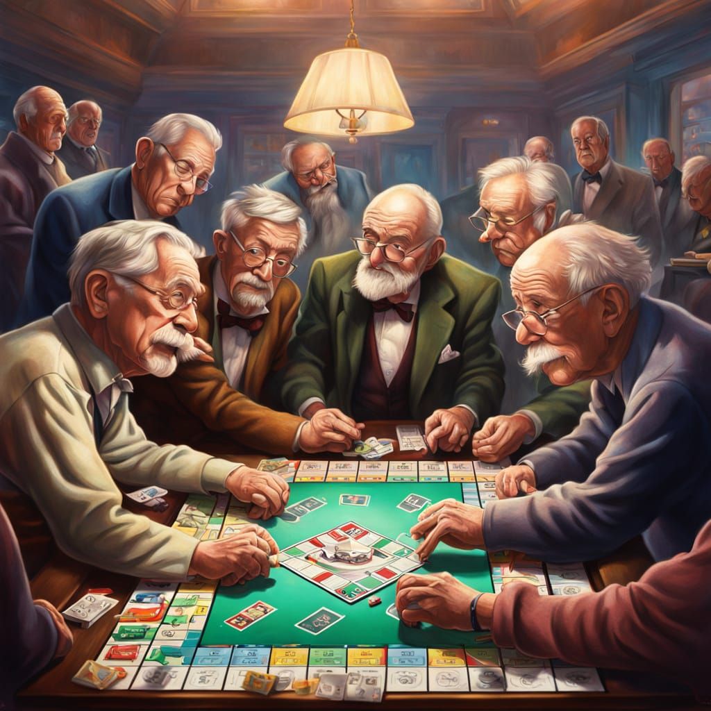 Hyperrealistic Old Men Play Monopoly: Splash Art Style
