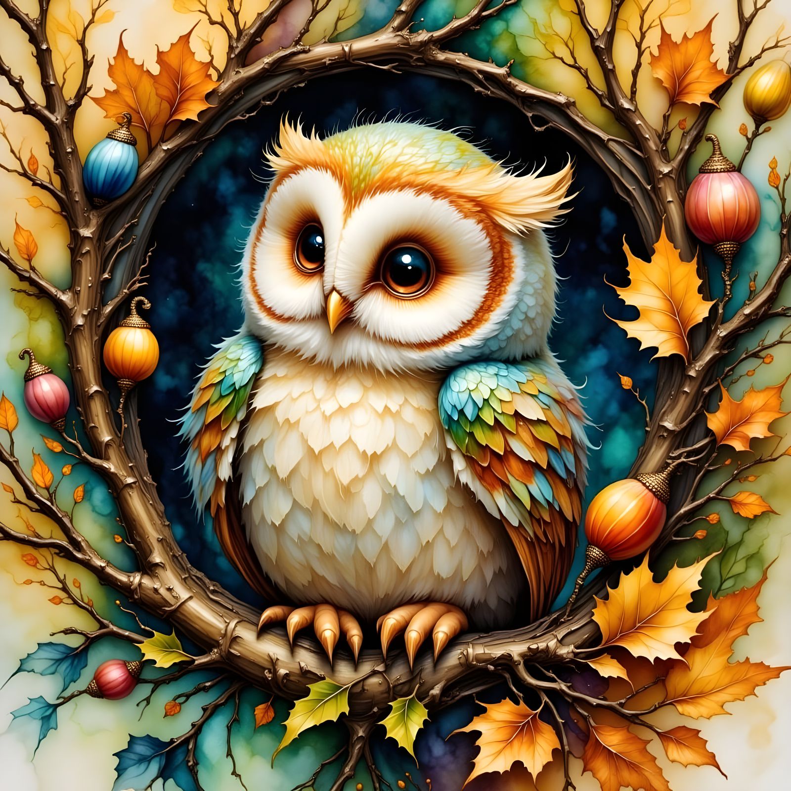 Fantasy Ink Baby Owl Surrounded by Autumn Foliage