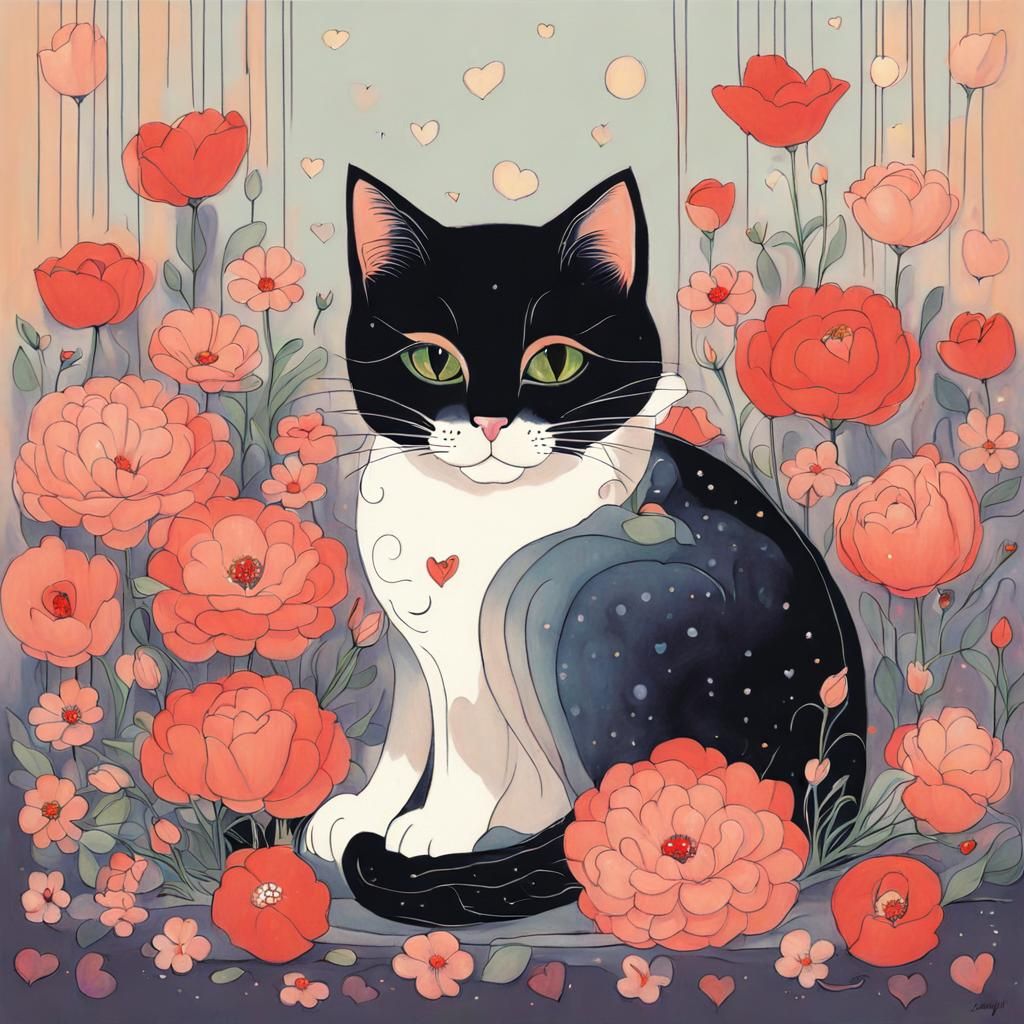Cute Cat with Flowers, Illustration in Bold Style