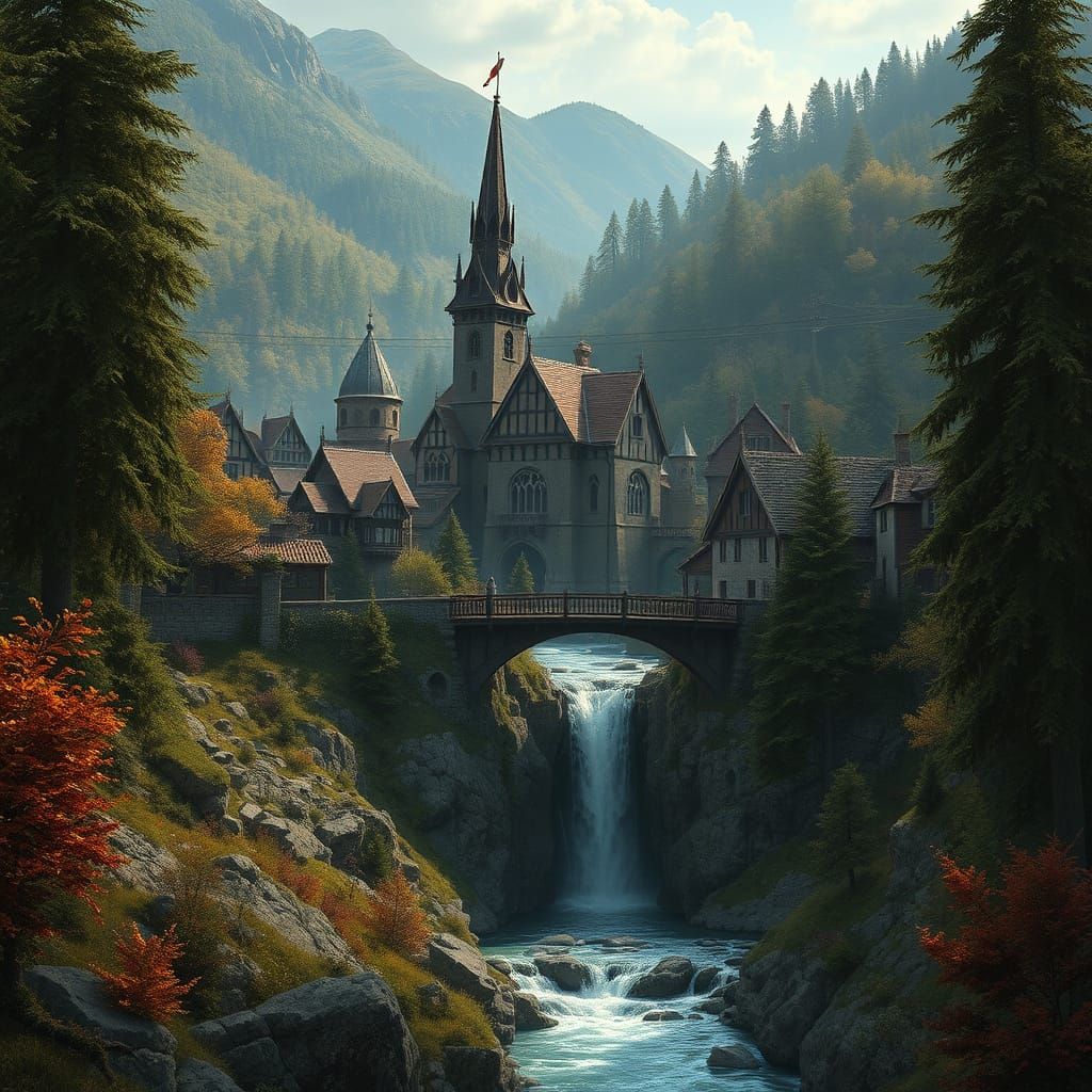 Gothic Village in Valley, Detailed Matte Painting