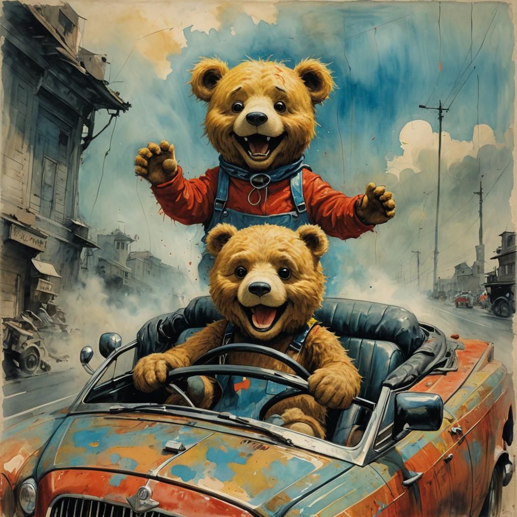 Teddy Bear in Racing Car, Impressionist Horror Style