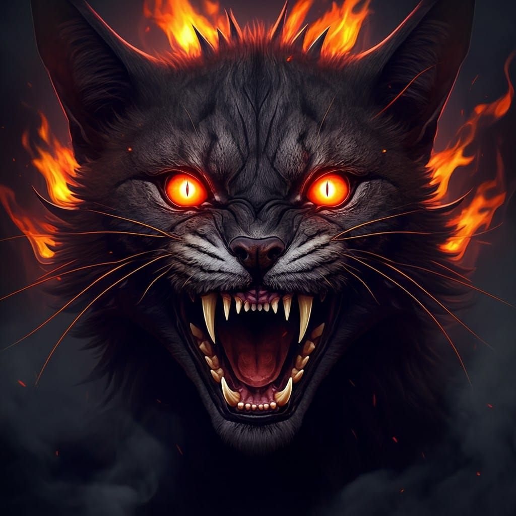 Snarling Demon Cat with Fiery Eyes