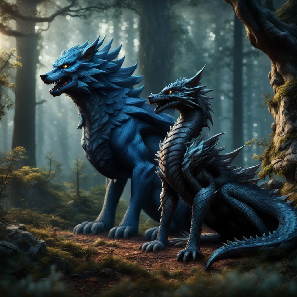 Blue Wolf and Black Dragon in Forest