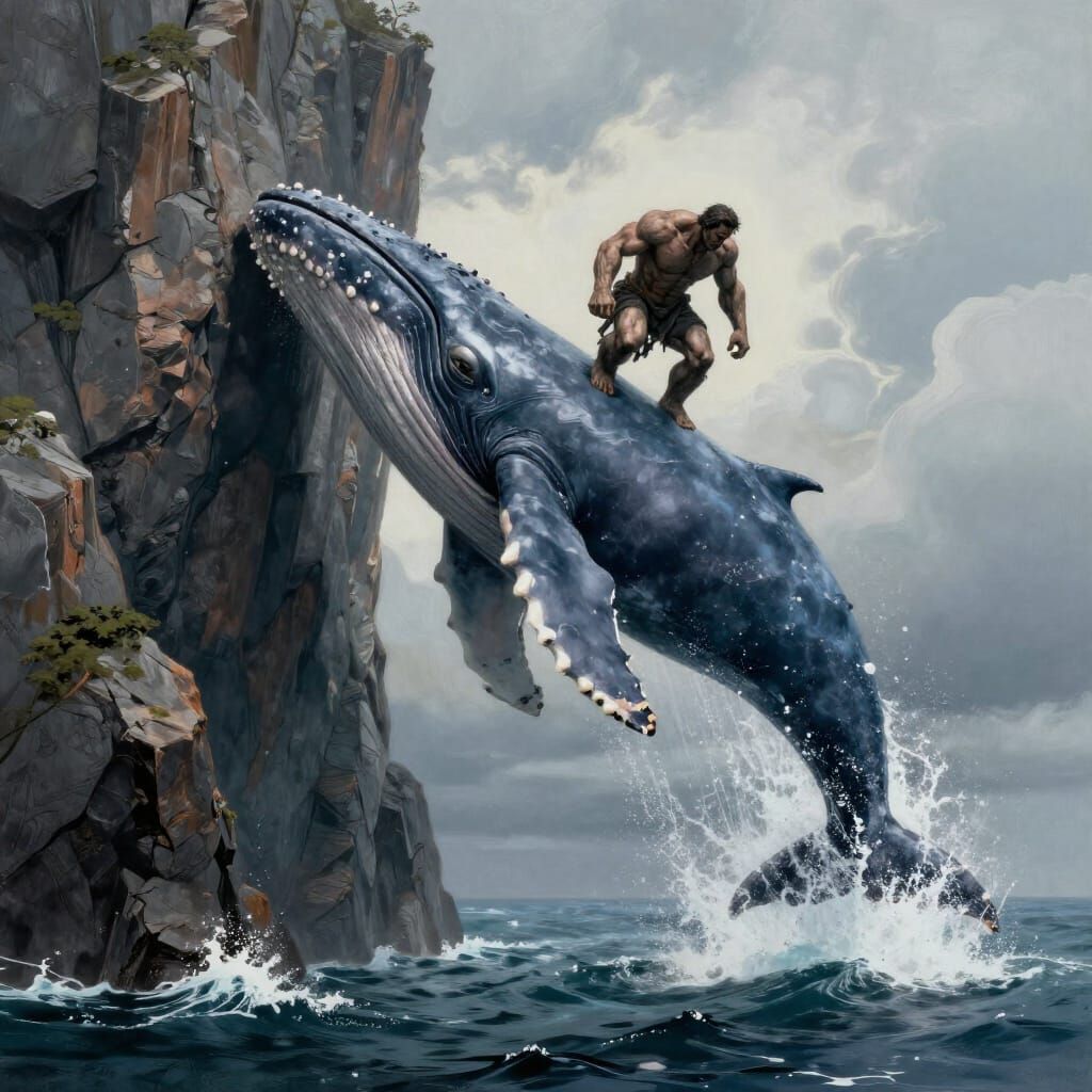 Giant Rider on Whale Diving from Cliff in Concept Art Style