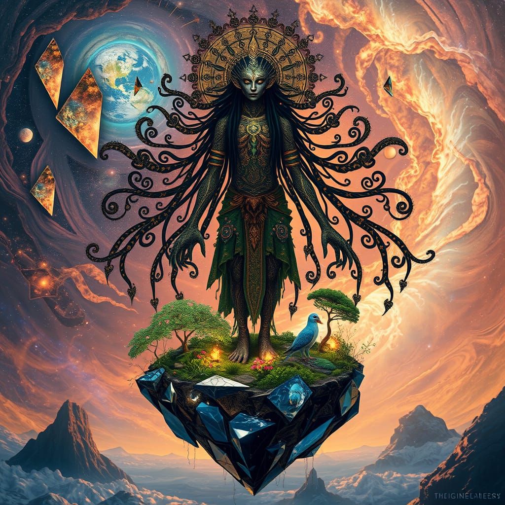 Mystical Shaman on Floating Island in Surreal Style