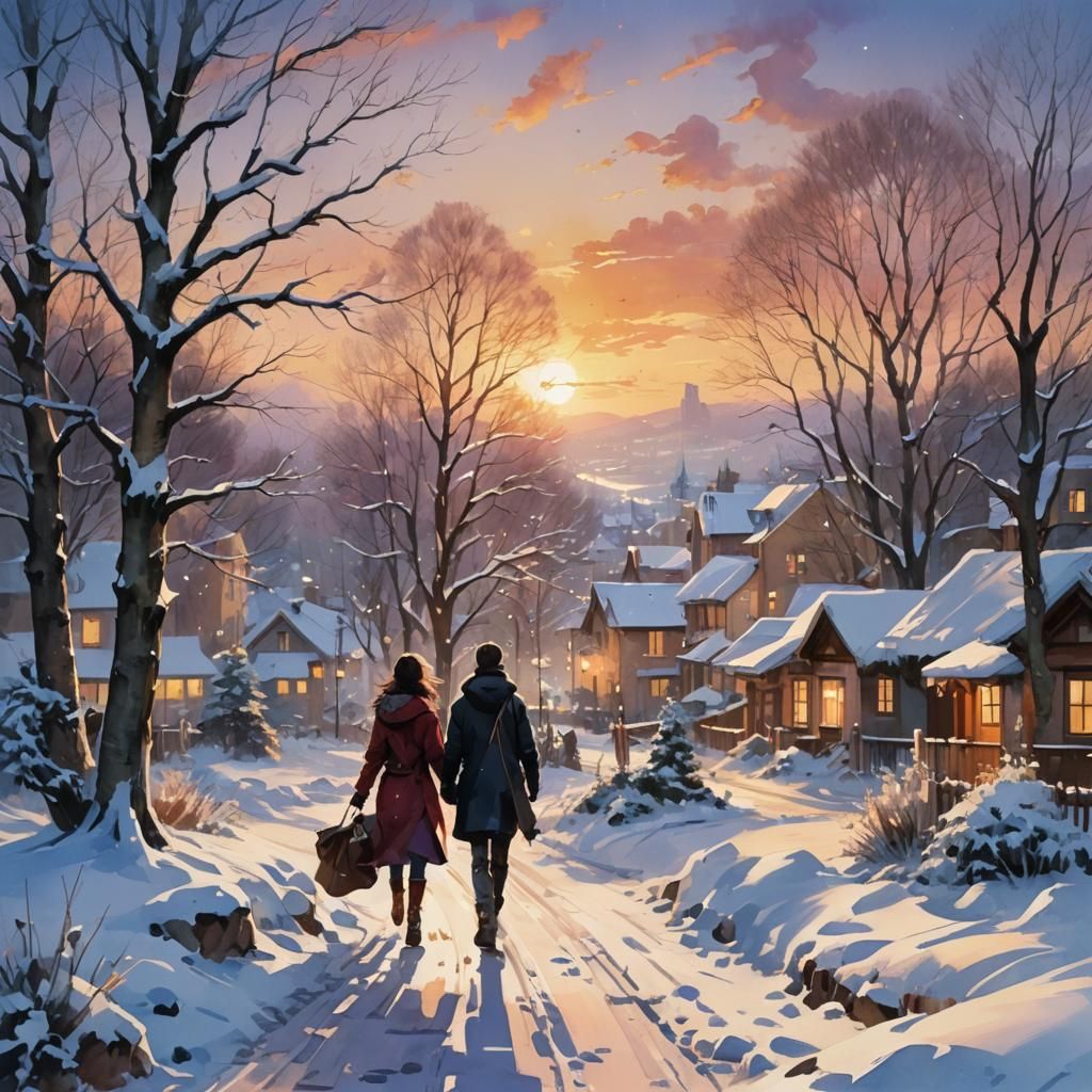 Winter Sunset Landscape in Digital Watercolor Style