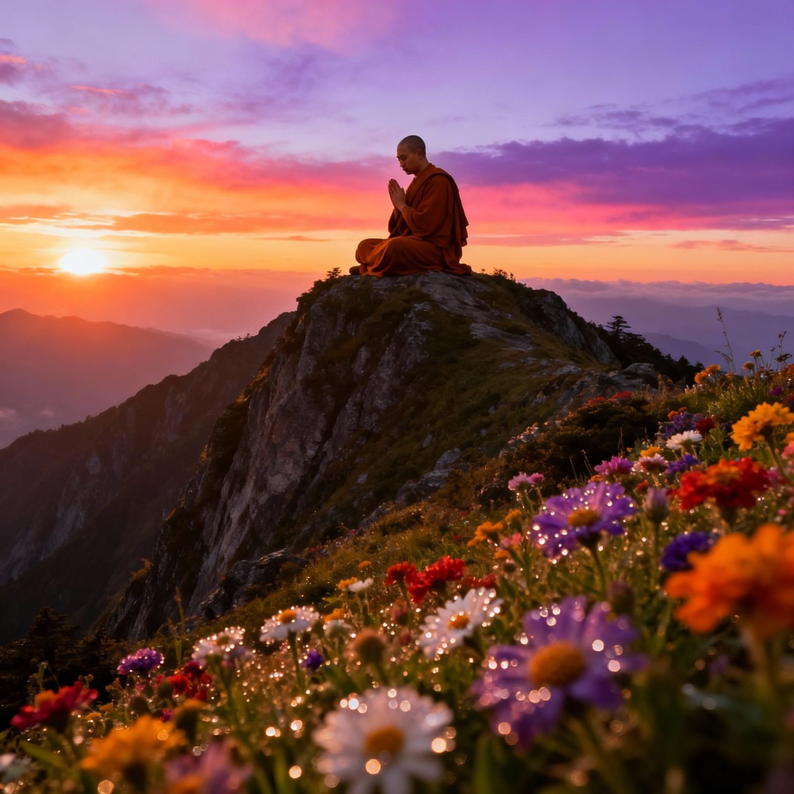 Monk in Prayer on Mountain Peak at Sunset