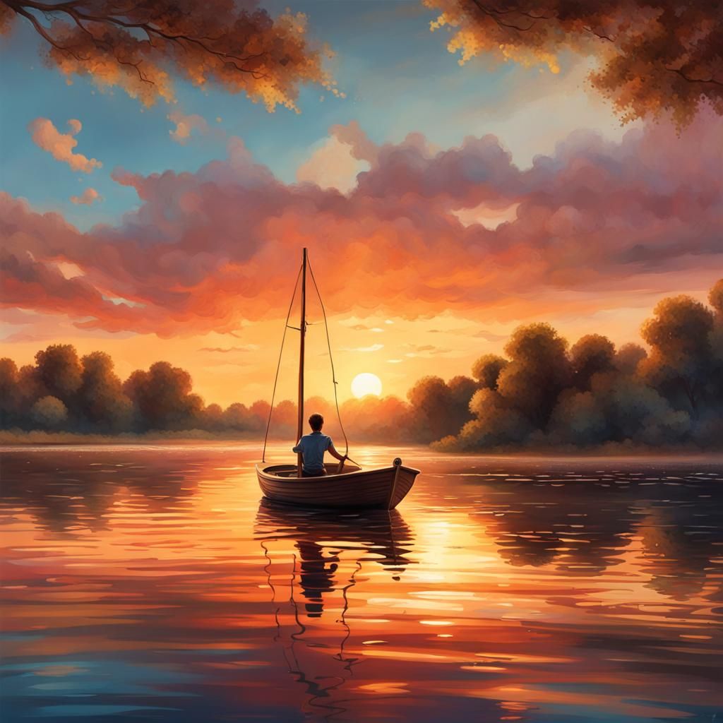 Boy Sails Boat at Sunset: Hyperrealistic Splash Art