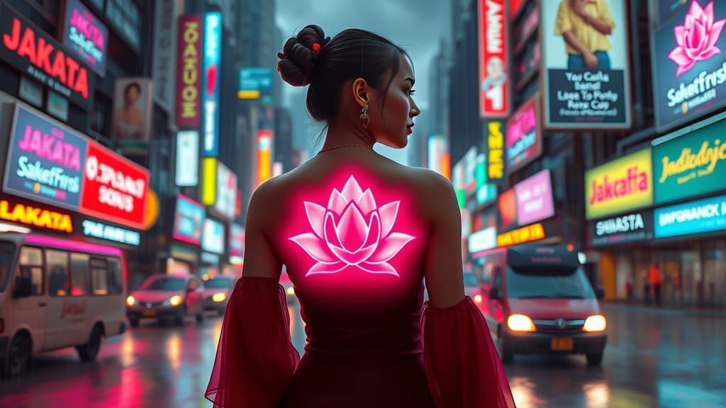 Cyberpunk Indonesian Woman Stands Tall in Rainy Jakarta Stre...