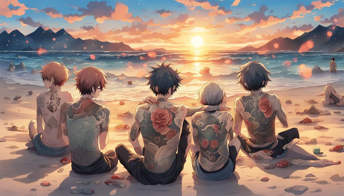 Tattooed People at Beach Party in Anime Style