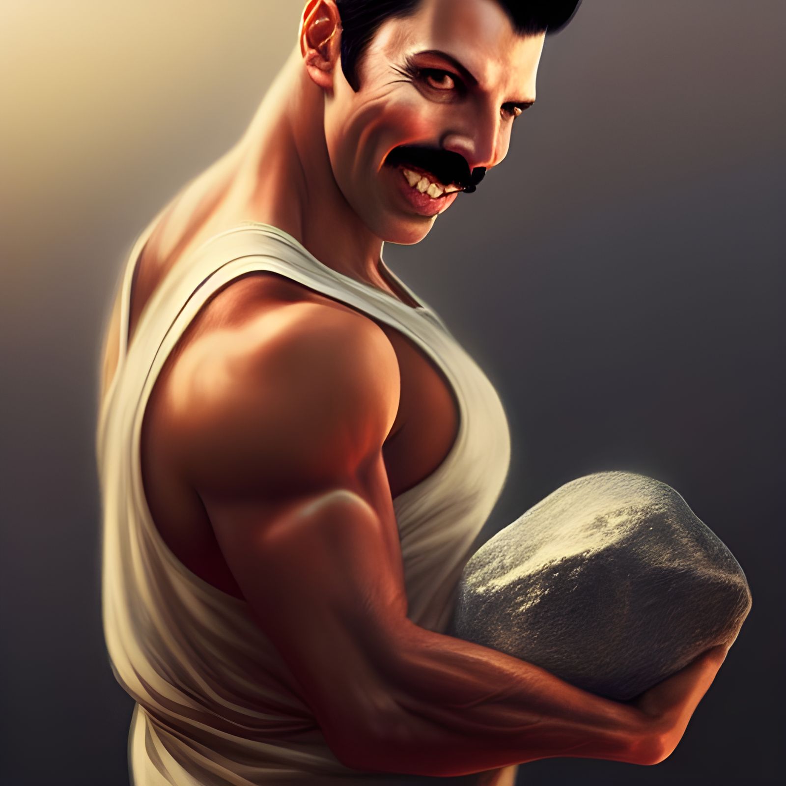 Smiling Freddie Mercury Holding Rock, Digital Art