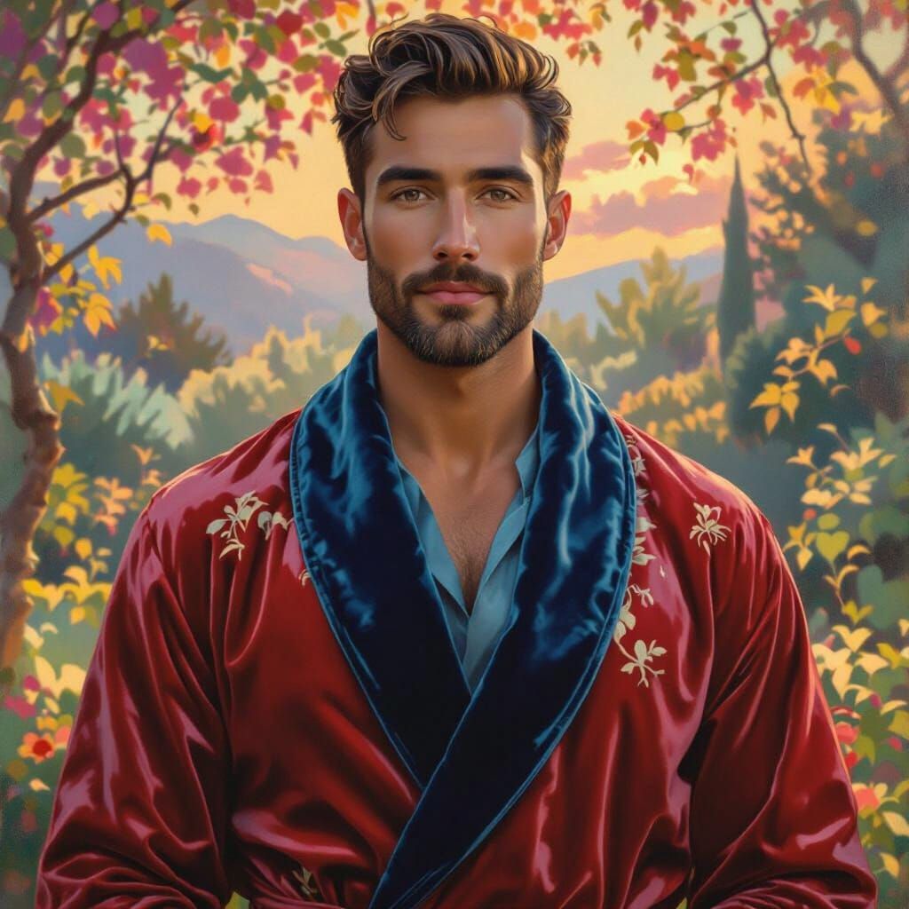 Handsome Man in Velvet Robe in Garden
