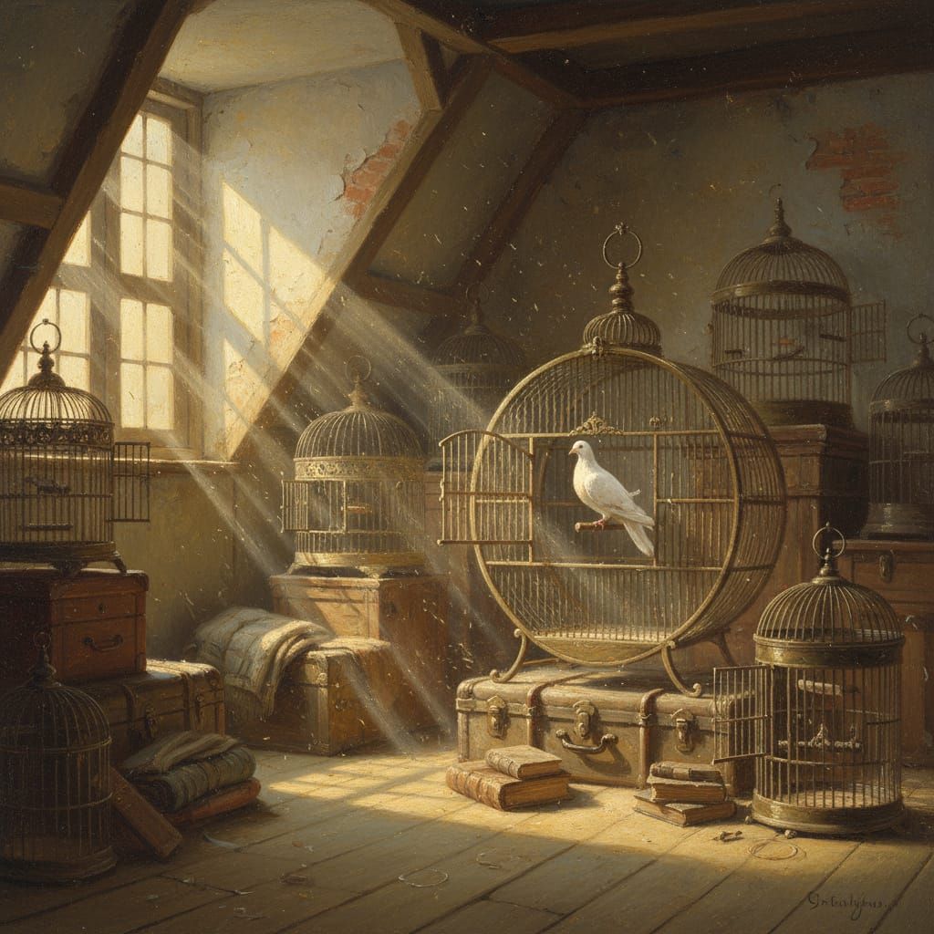 Sunlit Attic With Antique Birdcages and White Bird