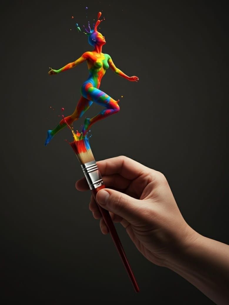 Surreal Rainbow Paint Liquid Humanoid Emerges from Brush