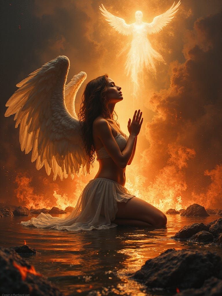 Fallen Angel Kneeling in Fire