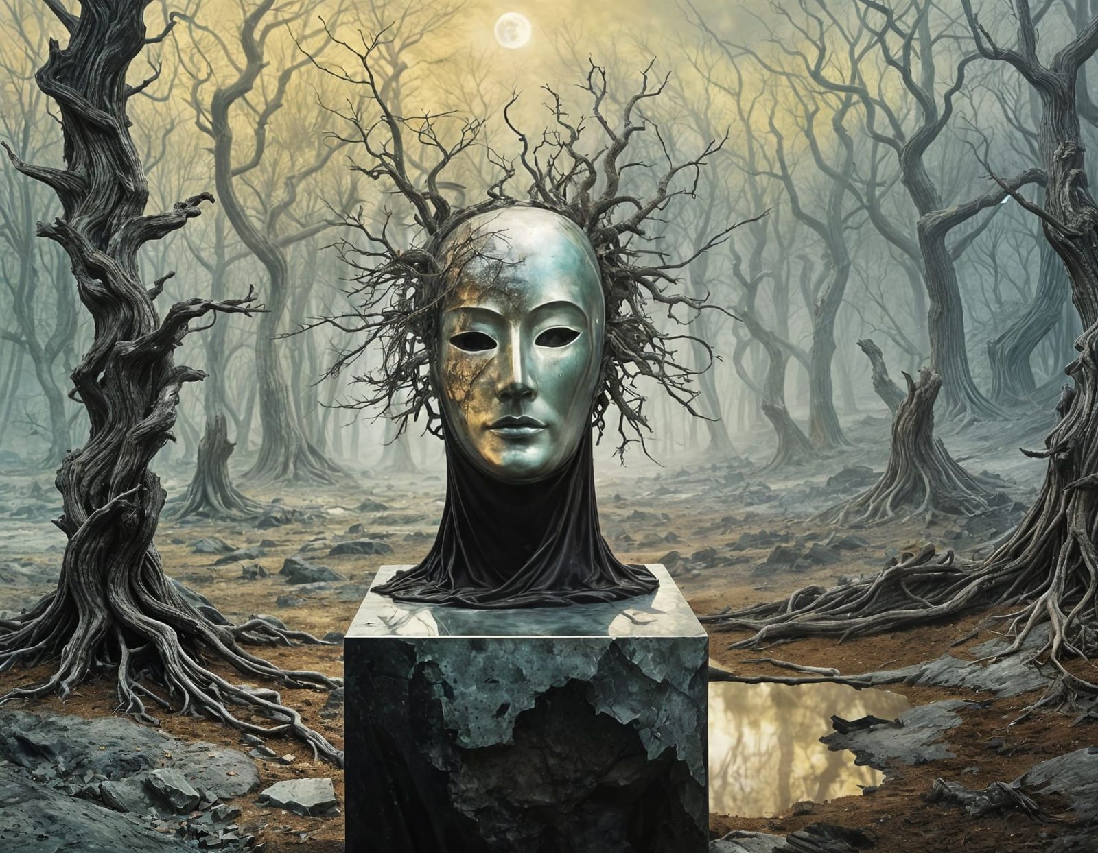 A Surreal Moonstone and Obsidian Mask in a Haunted Forest Cl...