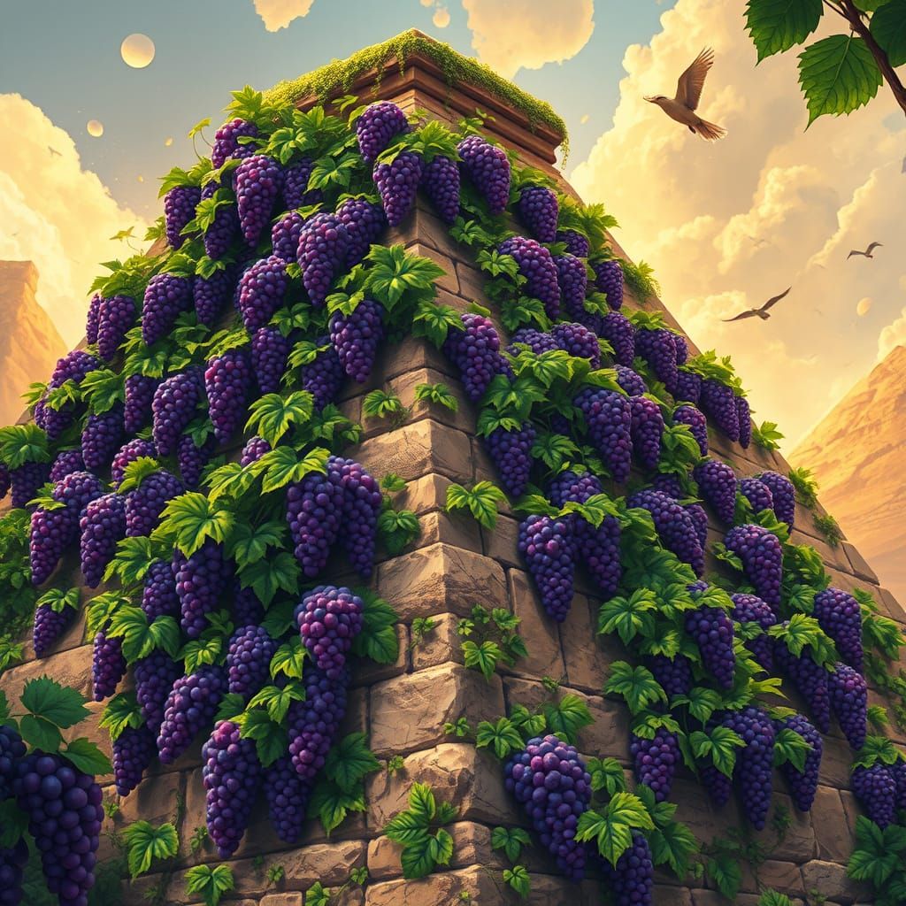 Ancient Ziggurat Enshrouded in Lush Grapevines, Ripe Purple ...