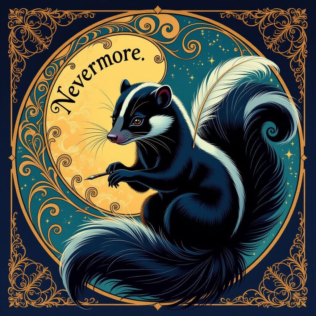 Art Nouveau Skunk Writing 'Nevermore' in Gold and Indigo