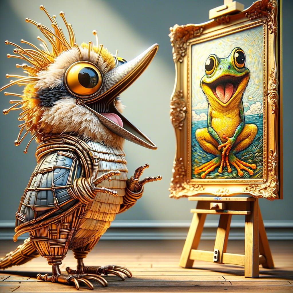 Wire Kookaburra Observes Baroque Frog Painting