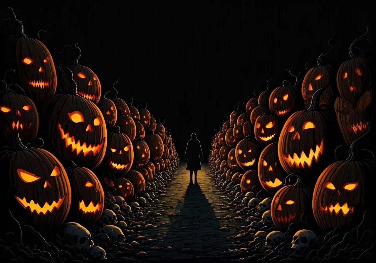 Eerie Halloween Scene in Gothic Engraving Style