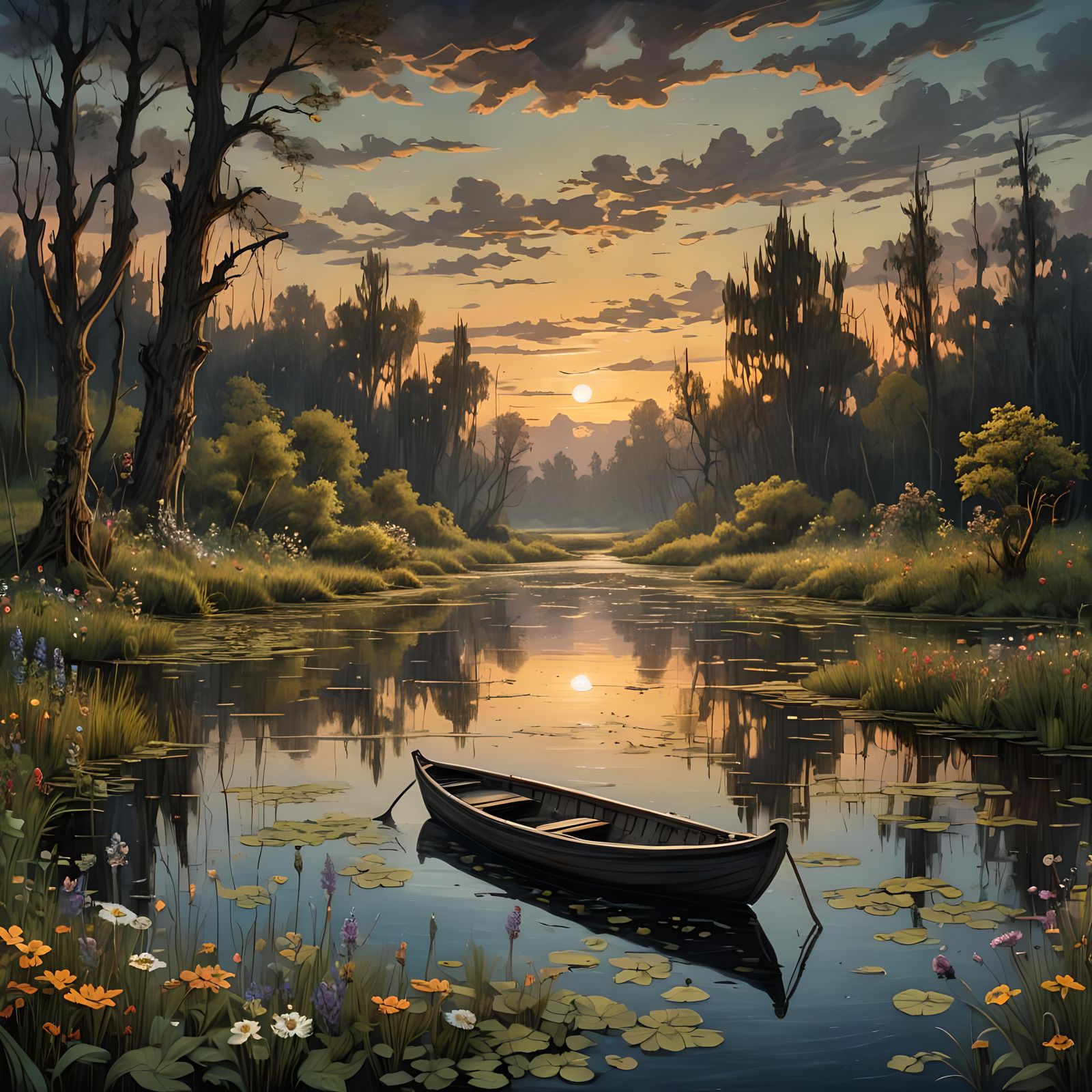 Swampy River Sunset with Boat in Detailed Matte Painting